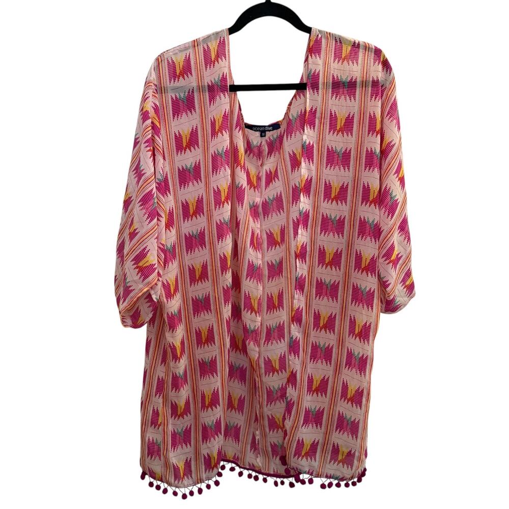 Ocean Drive Geometric Print Sheer Swimsuit Cover Up Beach Tropical Vacation Pink
